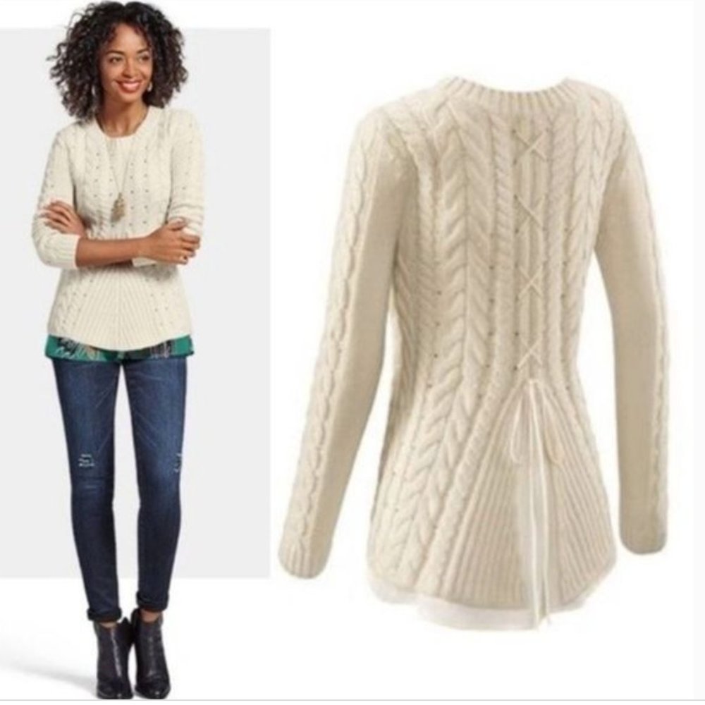 CAbi Cabled Cream Sweater with Tie-Back L